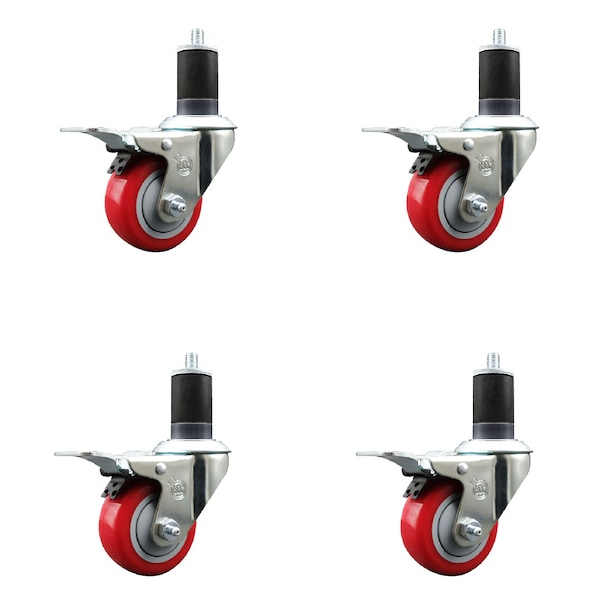 Service Caster 3'' SS Red Poly Swivel 1-5/8'' Expanding Stem Caster Set Total Lock Brake, 4PK SCC-SSEXTTL20S314-PPUB-RED-158-4 - main